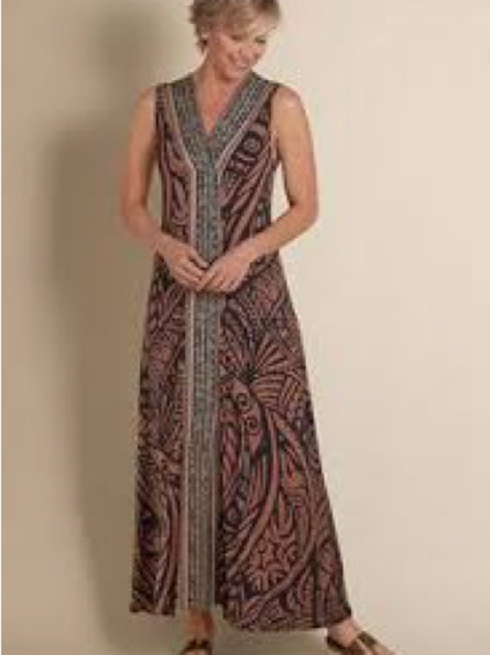 Soft Surroundings Serengeti Sleeveless V-Neck Printed Maxi Dress Size Med P